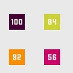 Šest čtverců s čísly 100, 84, 76, 92, 56, a 96, každý v jiné barvě na světle šedém pozadí
