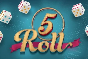 Text 5 Roll v dřevěném stylu obklopený kostkami na modrém pozadí