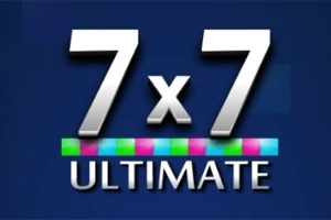 Bílá čísla 7 x 7 a slovo ULTIMATE na modrém pozadí s řadou barevných čtverců