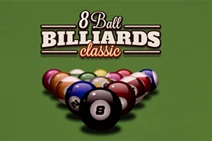 Sada kulečníkových koulí s osmičkou vpředu na zeleném stole s nápisem 8 Ball Billiards Classic nahoře