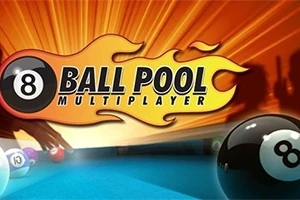 8 Ball Pool Multiplayer Logo s číslem osm na kulečníkové kouli s plameny na oranžovém pozadí
