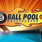 8 Ball Pool Multiplayer Logo s číslem osm na kulečníkové kouli s plameny na oranžovém pozadí