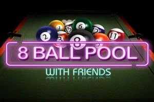 Kulečníkový stůl s uspořádanými koulemi a nápisem 8 Ball Pool with Friends v neonovém písmu