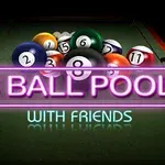 Kulečníkový stůl s uspořádanými koulemi a nápisem 8 Ball Pool with Friends v neonovém písmu