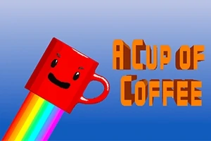 Červený hrnek s usměvavým obličejem vystřelující duhu, vedle nápis „A Cup of Coffee“