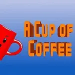 Červený hrnek s usměvavým obličejem vystřelující duhu, vedle nápis „A Cup of Coffee“