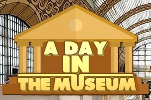 Logo s nápisem A Day in the Museum na pozadí interiéru budovy s kupolovitým stropem a velkými okny