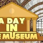 Logo s nápisem A Day in the Museum na pozadí interiéru budovy s kupolovitým stropem a velkými okny