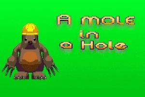 Kreslený krtek s helmou a text A mole in a hole na zeleném pozadí