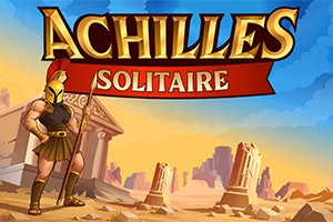 Řecký válečník Achilles se štítem a kopím stojí před antickým chrámem v pouštní krajině, nad ním je zlatý nápis ACHILLES SOLITAIRE