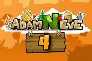 Logo s nápisem Adam a Eva 4 s kreslenými postavami, jablkem, lebkou, ptákem a plamenem na oranžovém pozadí