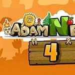 Logo s nápisem Adam a Eva 4 s kreslenými postavami, jablkem, lebkou, ptákem a plamenem na oranžovém pozadí