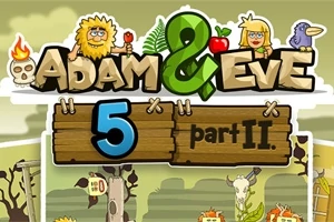 Kreslená titulní obrazovka s nápisem Adam & Eve 5 part II, zobrazující Adama, Evu a několik zvířat