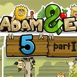Kreslená titulní obrazovka s nápisem Adam & Eve 5 part II, zobrazující Adama, Evu a několik zvířat