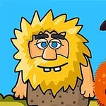 Kreslená postava s rozcuchanými žlutými vlasy a vousy stojí vedle oranžového chlupatého stvoření s velkým okem