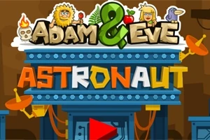 Barevná ilustrace s nadpisem Adam & Eve: Astronaut v kresleném stylu s postavičkami a satelity
