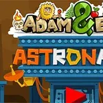 Barevná ilustrace s nadpisem Adam & Eve: Astronaut v kresleném stylu s postavičkami a satelity