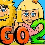 Dva kreslení postavy, muž s hnědým vousem a žena s blond vlasy, stojí vedle sebe se zelenými a oranžovými písmeny GO 2 v popředí