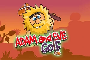 Postava s blonďatými vlasy drží golfovou hůl na pozadí s nápisem Adam and Eve Golf v červeném a fialovém písmu