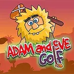 Postava s blonďatými vlasy drží golfovou hůl na pozadí s nápisem Adam and Eve Golf v červeném a fialovém písmu