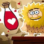 Postava pravěkého muže s rozcuchanými vlasy a vousy stojí vedle láhve s červenou tekutinou a bílým srdcem, s pozadím s mapou a srdíčky