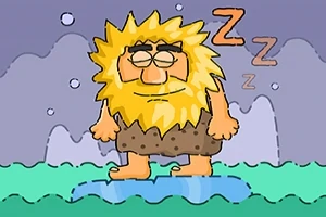 Postava s hustými žlutými vlasy a vousy spí na vodní ploše s bublinami a ZZZ nad hlavou