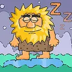 Postava s hustými žlutými vlasy a vousy spí na vodní ploše s bublinami a ZZZ nad hlavou