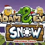 Barvitá zima s postavami muže a ženy nad nápisem Adam & Eve Snow Christmas edition, s motivy vánoc a přírody