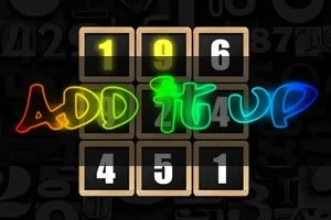 Světelný nápis ADD IT UP s čísly 1, 9, 6, 4, 5, a 1 uvnitř mřížky na tmavém pozadí