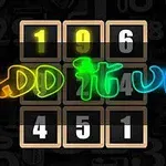 Světelný nápis ADD IT UP s čísly 1, 9, 6, 4, 5, a 1 uvnitř mřížky na tmavém pozadí