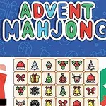 Dva ilustrativní Santové stojí vedle hrací desky s vánočními motivy a barevným nápisem Advent Mahjong