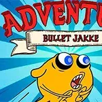 Žlutá kreslená postavička s širokýma očima a otevřenou pusou na modrém pozadí s červeným nápisem ADVENTURE a bílou stuhou s textem BULLET JAKKE