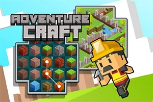 V popředí je postava v žlutě-červeném oblečení s helmou a krumpáčem, vedle ní je pole s barevnými kostkami a obrázky krajin s nápisem ADVENTURE CRAFT