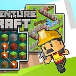 V popředí je postava v žlutě-červeném oblečení s helmou a krumpáčem, vedle ní je pole s barevnými kostkami a obrázky krajin s nápisem ADVENTURE CRAFT