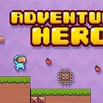 Nápis ADVENTURE HERO nad herní scénou s postavičkou, plošinami, jahodami a rotujícími hroty na fialovém pozadí