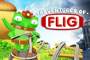 Zelený kreslený tvor s červenou čepicí drží volant a stojí na žlutošedé plošině s veselou krajinou v pozadí