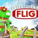 Zelený kreslený tvor s červenou čepicí drží volant a stojí na žlutošedé plošině s veselou krajinou v pozadí