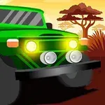 Zelené terénní auto s rozsvícenými světlomety na africké savaně při západu slunce