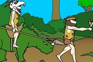 Dva pravěcí muži v kostýmech vedou zeleného dinosaur