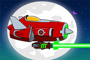 Červená futuristická raketa letící vesmírem před úplňkem se zeleným laserovým paprskem
