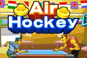 Dva kreslení hráči hrají air hockey ve vnitřním herním prostředí s různými vlajkami na pozadí