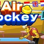 Dva kreslení hráči hrají air hockey ve vnitřním herním prostředí s různými vlajkami na pozadí
