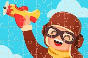 Ilustrace dítěte v hnědé letecké helmě s červeným letadlem na pozadí modré oblohy s mraky, stylizovaná jako puzzle