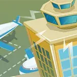 Ilustrace letiště se dvěma letadly na ranveji a kontrolní věží v popředí