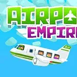 Název Airport Empire v zeleno-fialové barvě nad kresleným letadlem se čtyřmi usměvavými pasažéry na modrém pozadí s obláčky