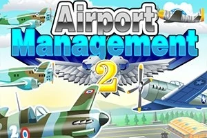 Letadla různých druhů a barev v letu s textem Airport Management 2 na modrém pozadí