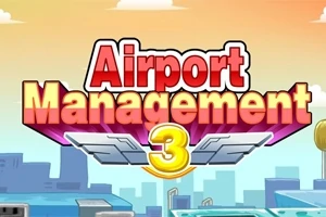 Barevný nápis Airport Management 3 na pozadí městské scenérie s pastelově zbarvenou oblohou