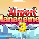 Barevný nápis Airport Management 3 na pozadí městské scenérie s pastelově zbarvenou oblohou