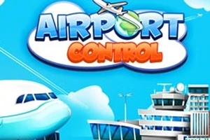 Ilustrace s letadlem, letištní věží a textem Airport Control na modrém pozadí
