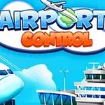 Ilustrace s letadlem, letištní věží a textem Airport Control na modrém pozadí